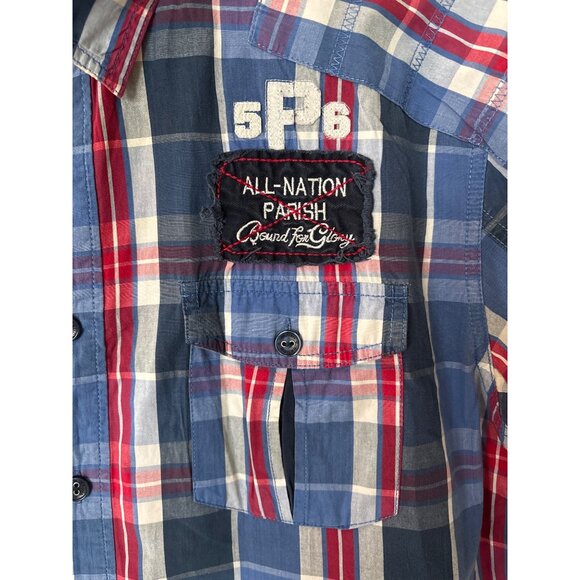 Parish Nation Mens Size XL Plaid Patches Distressed Shirt Casual Bound‎ Glory - Picture 5 of 12